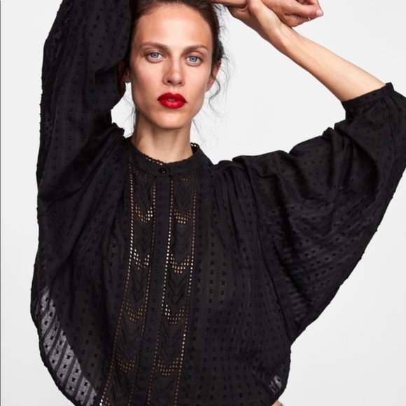 Zara Black Cropped Embroidered Swiss Dot 3/4 Sleeve Blouse Size L - Picture 3 of 17